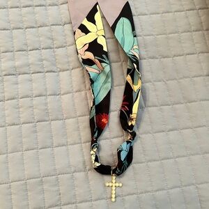 Floral Silk Scarf Necklace with Gold Cross Pendant - Black & Mint